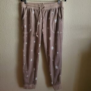 Live Love Lounge Tan White Star Jogger Drawstring Pajama Pants Large Comfort Laz